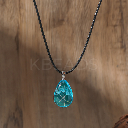 Dandelion Seed in Teardrop Resin Wish Pendant Black Cord Necklaces for Women WGE62B3-05-1