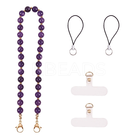 Natural Amethyst & 304 Stainless Steel Round Beaded Mobile Straps HJEW-SW00043-06-1