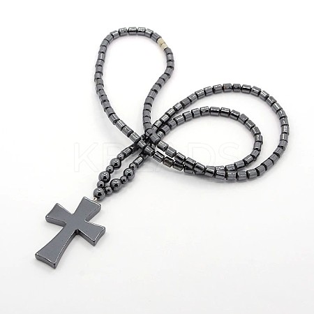 Trendy Unisex Holly Jewelry Grade A Non-Magnetic Synthetic Hematite Beaded Cross Pendant Necklaces NJEW-M013-04-1