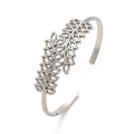 Non-Tarnish Hollow Out 304 Stainless Steel Leaf Cuff Bangles LS-BJEW-G694-07P-1