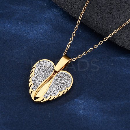 304 Stainless Steel Polymer Clay Rhinestones Wing Openable Pendant Necklaces for Women NJEW-Z065-14G-03-1