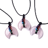 Adjustable Natural Rose Quartz Double Horn Pendant Necklace with Wax Cord for Women NJEW-B086-01I-1