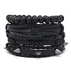 4Pcs 4 Styles Wood Beads Stretch Braceletas & Alloy Artificial Leather Cord Bracelet Sets for Men FS-WG9743B-04-1