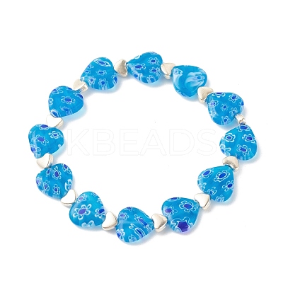 Handmade Millefiori Lampwork & Alloy Heart Beaded Stretch Bracelet BJEW-JB08042-02-1