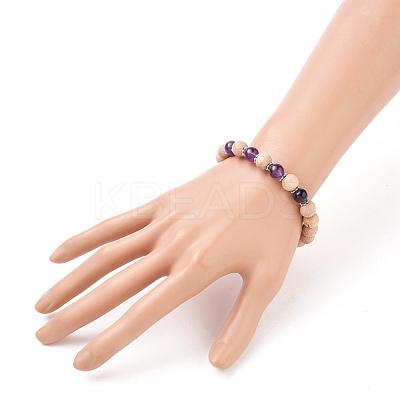 Round Natural Amethyst Beaded Stretch Bracelets BJEW-JB05607-02-1