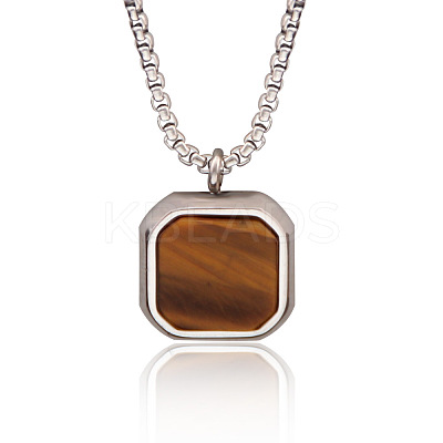 304 Stainless Steel Pave Natural Tiger Eye Square Pendant Necklaces FS-WG8D101-02-1