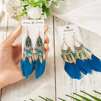 2 Pairs 2 Styles Feather Dangle Earrings EJEW-TA0001-48A-1