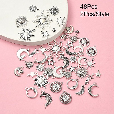 48Pcs 24 Styles Tibetan Style Alloy Pendants Sun/Star/Moon DIY-YW0008-84-1