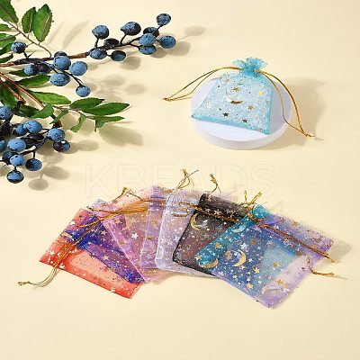 50Pcs 10 Colors Gold Stamping Moon & Star Organza Drawstring Gift Storage Bags ABAG-FS0001-11-1