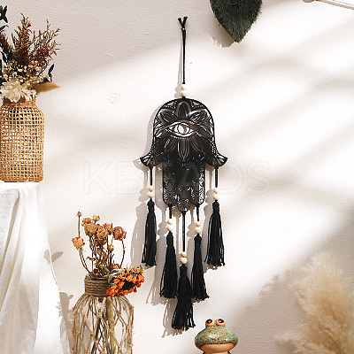 Bohemian Wooden Hamsa Hand with Tassel Pendant Decorations PW-WG49944-01-1