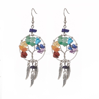 Natural & Synthetic Mixed Gemstone Chips Tree of Life with Alloy Feather Chandelier Earrings EJEW-JE05213-1
