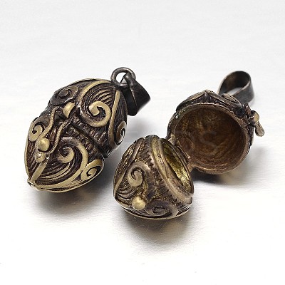Carved Bicone Rack Plating Brass Prayer Box Pendants KK-L101-23AB-NF-1