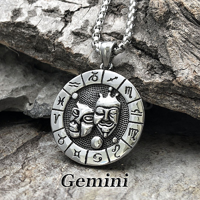 Flat Round with Engraved Twelve Constellation Alloy Pendant Necklace for Women Men WG25F4B-07-1