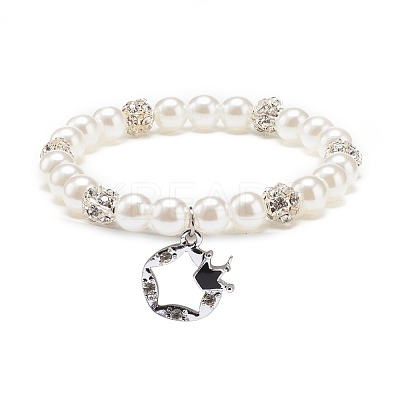 ABS Plastic Imitation Pearl  & Rhinestone Beaded Stretch Bracelet with Alloy Charm for Women BJEW-JB08526-01-1