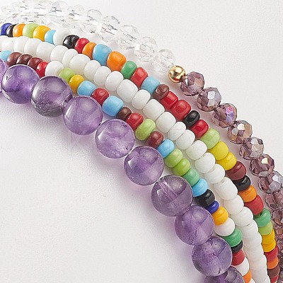 Faceted Glass & Natural Amethyst Stretch Beaded Bracelets Sets BJEW-TA00202-04-1