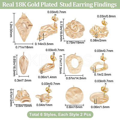 12Pcs 6 Style Brass Stud Earring Findings KK-BBC0007-01-1