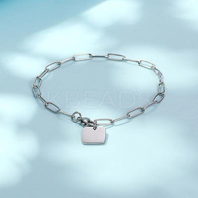 Tarnish Resistant 304 Stainless Steel Blank Square Charm Bracelet with Paperclip Chains QF7872-2-1