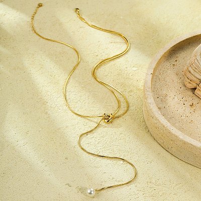 304 Stainless Steel Round Shell Pearl Pendant Lariat Necklaces for Women NJEW-U031-03G-1