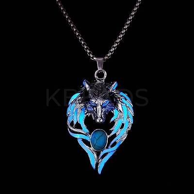 Luminous Glow In The Dark Enamel Wolf Pendant Necklace with Synthetic Turquoise Beaded LUMI-PW0006-66A-1