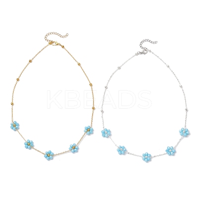 2Pcs 2 Colors Brass & Faceted Round Glass Beaded Flower Link Chain Necklaces NJEW-JN05296-1