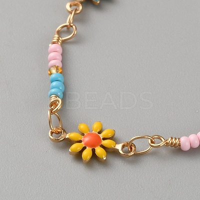 Brass Colorful Enamel Flower Link Chain Anklets for Women AJEW-WH0270-835-1