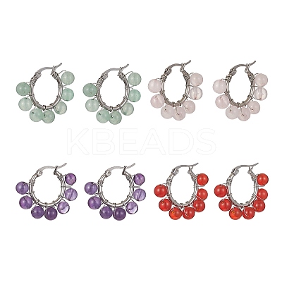 Natural & Synthetic Mixed Gemstone Round Beaded Hoop Earrings EJEW-JE05412-1