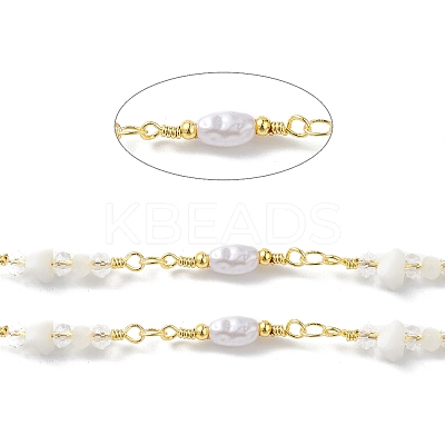 Brass Glass Bead Link Chains with ABS Imitation Pearl Beads CHS-P016-39G-04-1