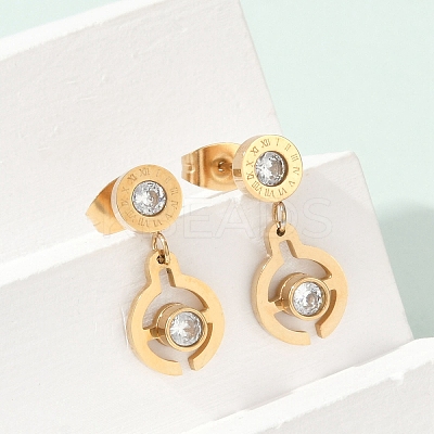 Flat Round 304 Stainless Steel Micro Pave Clear Cubic Zirconia Dangle Stud Earrings EJEW-Z089-28G-1