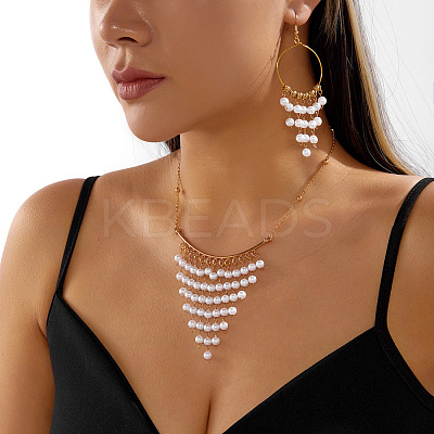 Alloy & Round Imitation Pearl Tassel Necklaces & Earring Set for Women WG0A440-01-1