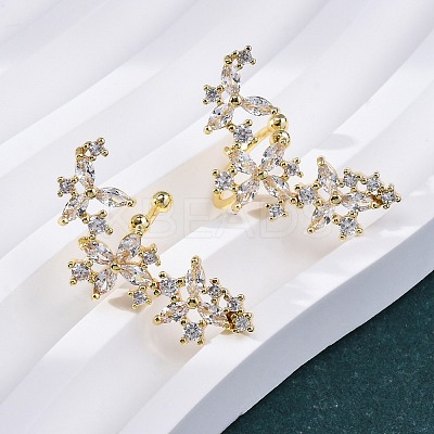 Flower Brass Micro Pave Clear Cubic Zirconia Cuff Earrings EJEW-K305-03G-1