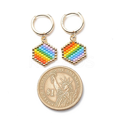Rainbow Color Japanese Seed Braided Hexagon Dangle Hoop Earrings EJEW-MZ00005-1