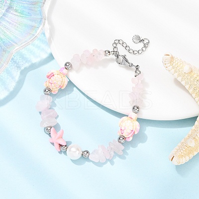 Natural Rose Quartz Chip Beads & Synthetic Turquoise Beaded Bracelets for Women BJEW-JB12416-02-1