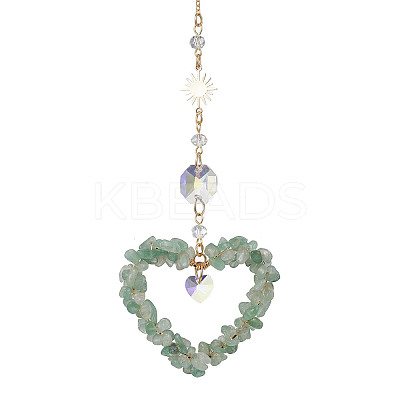 Heart Natural Green Aventurine Chip Pendant Drcorations HJEW-JM01651-03-1