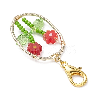 Oval with Flower Glass Seed Bead & Lampwork & Alloy Pendant Decoraitons HJEW-MZ00351-05-1