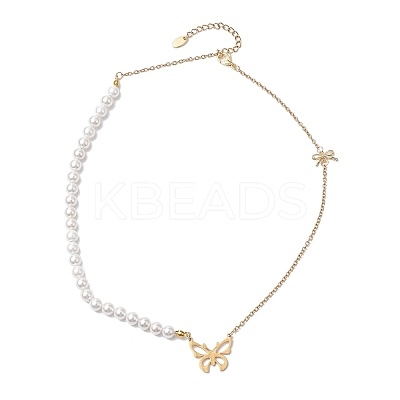 Bowknot Alloy Shell Pearl Beaded Necklaces NJEW-JN04819-1