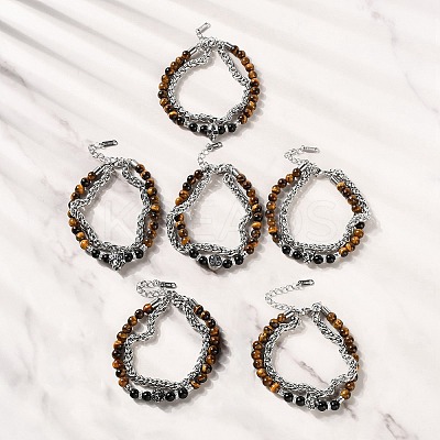 304 Stainless Steel Wheat Chain & Round Natural Tiger Eye and Natural Obsidian Beaded Double Strand Bracelets BJEW-C119-02-1