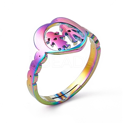 Ion Plating(IP) 201 Stainless Steel Heart with Lovers Adjustable Ring for Valentine's Day RJEW-K238-11M-1