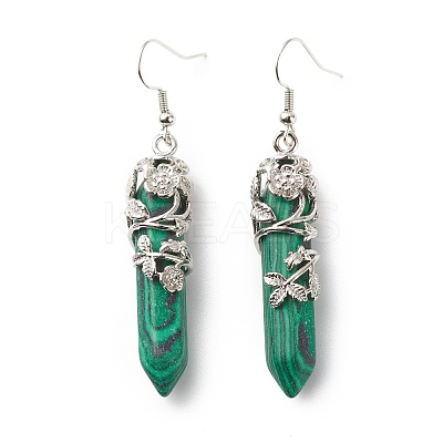 Synthetic Malachite Bullet with Flower Dangle Earrings EJEW-G300-02P-11-1