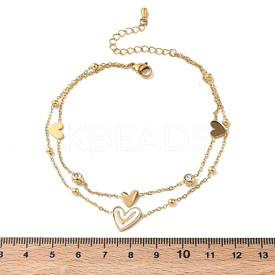 304 Stainless Steel Pave Clear Cubic Zirconia Enamel Charm 2-Strand Anklets for Women AJEW-K054-01D-G-1