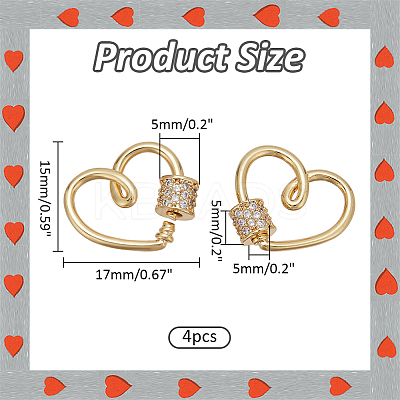 4Pcs Heart Brass Micro Pave Clear Clear Cubic Zirconia Screw Carabiner Lock Charms KK-NB0003-51-1