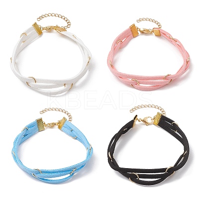 4Pcs 4 Colors Faux Suede Cord Multi-strand Bracelets with 304 Stainless Steel Rings for Women BJEW-JB10404-1