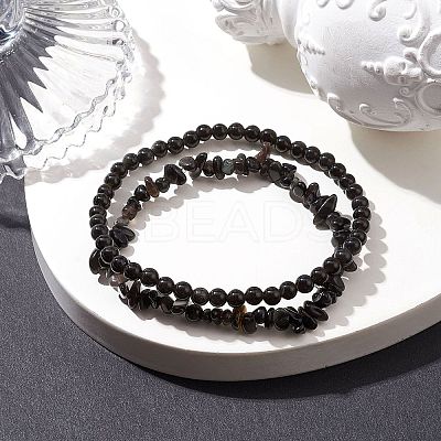 Chip & Round Natural Obsidian Beaded Stretch Bracelets for Women BJEW-JB10189-02-1