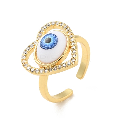 Cubic Zirconia Heart with Evil Eye Open Cuff Ring with Acrylic RJEW-B042-05G-04-1