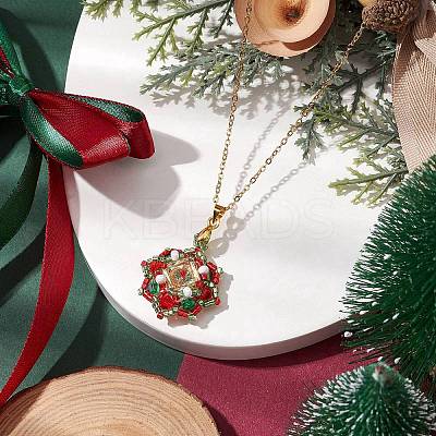 Christmas Theme Flower Glass Seed Beads & Rhinestone Pendant Necklaces NJEW-MZ00045-1