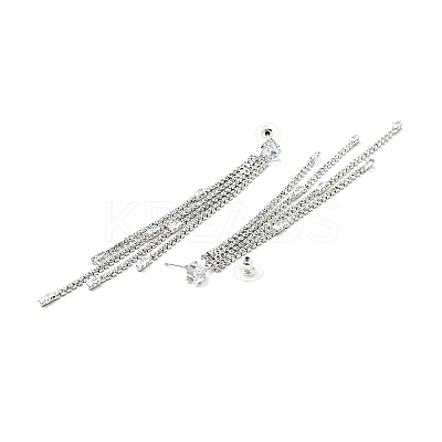 Clear Cubic Zirconia & Crystal Rhinestone Long Tassel Dangle Stud Earrings LS-EJEW-C037-07B-P-1