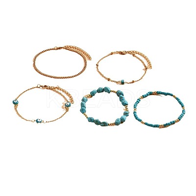 Iron & Natural Howlite & Synthetic Turquoise & Glass Seed Beaded Evil Eye 5 Layered Anklets for Women FS-WG0BCD8-04-1
