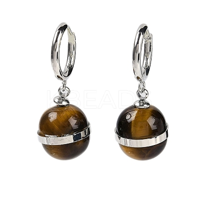 304 Stainless Steel & Natural Tiger Eye Round Hoop Earrings for Women EJEW-K281-22P-1
