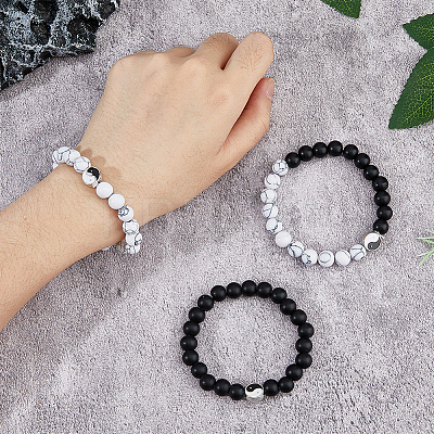 3Pcs 3 Styles Natural Howlite & Frosted Black Stone Beaded Stretch Bracelets Set BJEW-FI0001-21-1