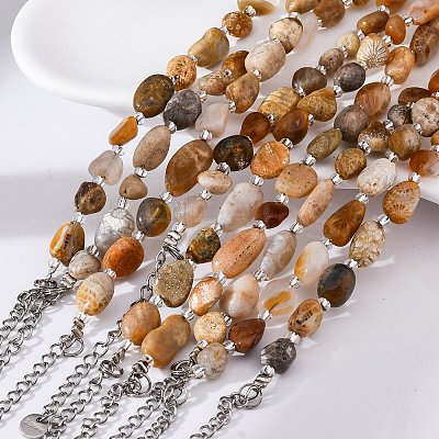 Natural Fossil Coral Beaded Bracelets for Women G-P563-07P-02-1