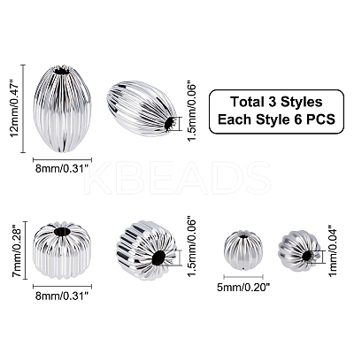 18Pcs 3 Style 304 Stainless Steel Corrugated Beads STAS-UN0031-11-1